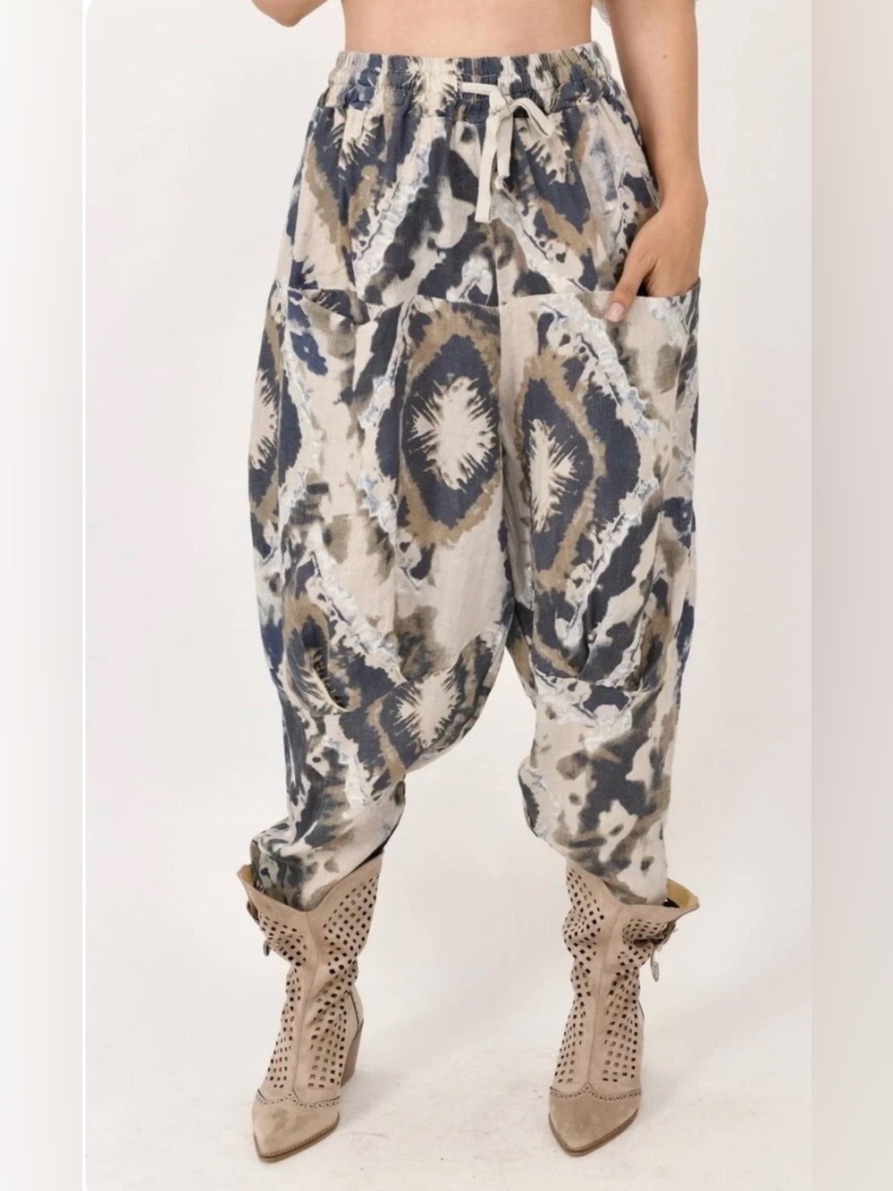Tempo Paris Tie-Due Harem Barrel Pants Linen Sz M